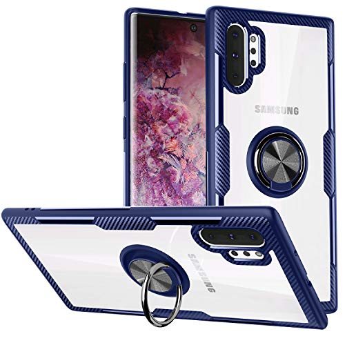 WATACHE Galaxy Note 10 PlusPro5G Case, Crystal Clear Carbon Fiber Design Armor Protective Case with 360 Degree Rotation Finger Ring Grip Holder Kickstand for Galaxy Note 10Plus,Blue
