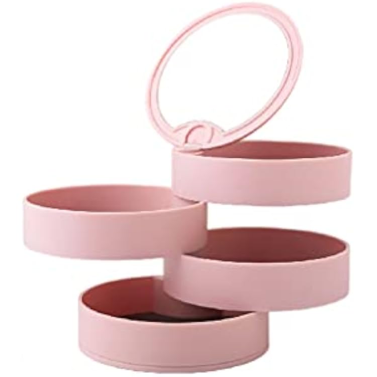 Simple Rotating Jewelry Box Round Plastic Jewellery Storage Box with Mirror Multi-Layer Desktop Jewelry Organizer Box Color : Pink