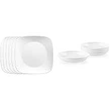 Corelle Vitrelle Salad Plates Set, Triple Layer Glass and Chip Resistant, Lightweight Square 9-Inch Plates, White & 4-Pc Versa Bowls for Pasta, Salad and More, Service for 4, Durable