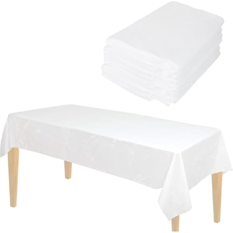 BULK White Plastic Tablecloths | 100 Pack | 54inx108in | Fits standard folding and picnic tables | Folded, Easy Grab & Go | Rectangle Disposable Waterproof | 100 TABLECLOTHS | MADE IN THE USA