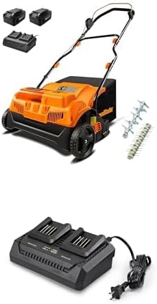 LawnMaster 48V MAX Brushless 16 Cordless Scarifier & Dethatcher with Removable Thatch Collection Bag Quick-Fold CLGVB4816 + LawnMaster MX24V Dual-Battery Charger 24LFC15-ETL Bundle