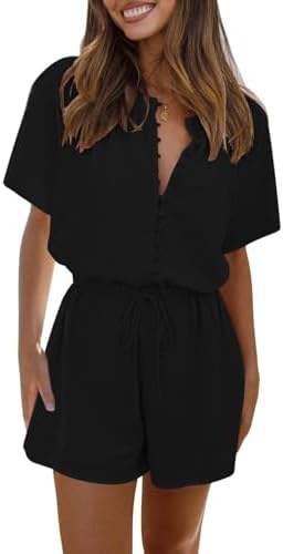 Fixmatti Short Sleeve Romper One Piece Button Up Jumpsuits for Women Summer Shorts Rompers