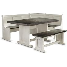 MAKLAINE Wood Breakfast Nook Set, Mindi Tops and Mahogany Bases, Off White and Dark Brown Finish, Hidden Storage Benches, Reversible Design, European Cottage Style Dining Set for Small Spaces
