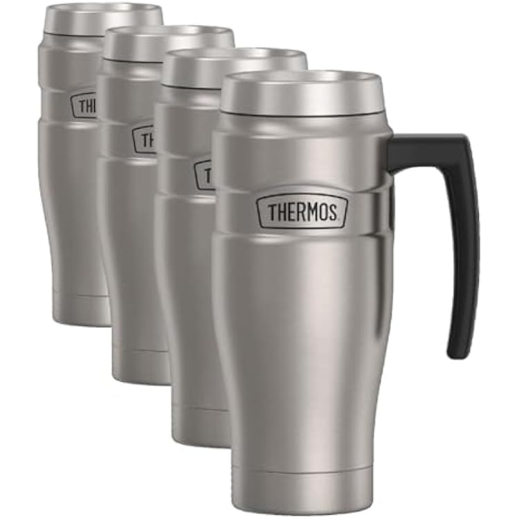 THERMOS Stainless King Vacuum-Insulated Travel Mug with Handle-16oz,Matte Steel-Thermos Tumbler for Hot&Cold Drinks-Leak-Proof&Sweat-Proof Stainless Steel Coffee Mug with Lid for Commuting,Pack of 4