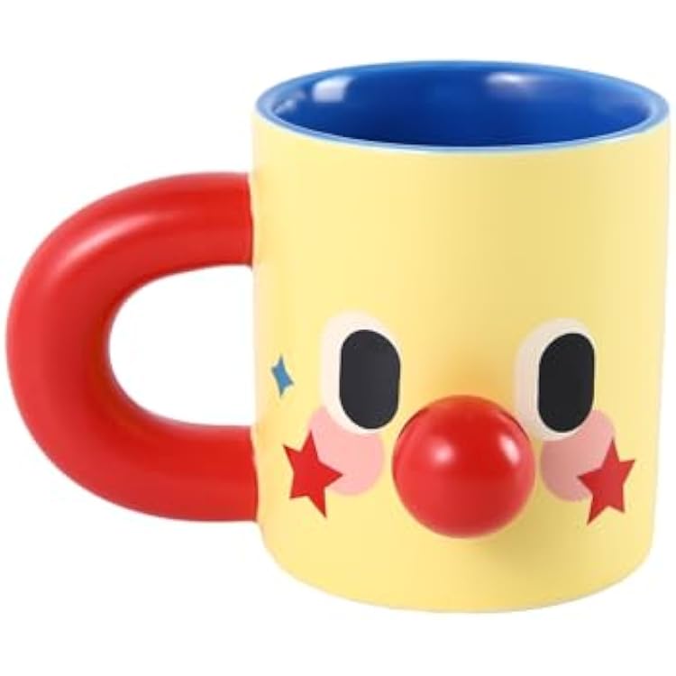 Clown Ceramic Mug, 10 oz Yellow Funny Face Coffee Cup with Blue Interior & Red Handle