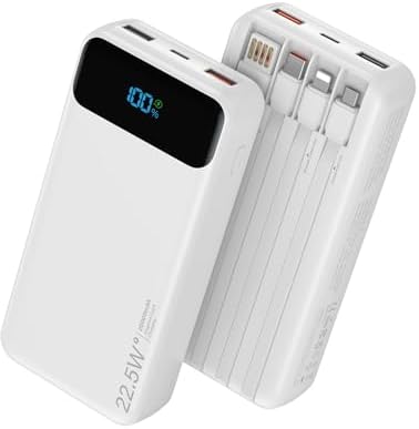 Portable Charger, 20000mAh 22.5W Fast Charging Power Bank with 4 Built-in Cables, Travel Essentials External Battery Pack with LED Display, 6 Outputs Charging Bank for iPhone, iPad, Samsung etc White