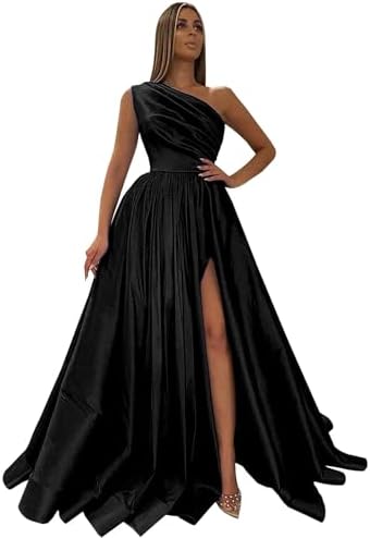 Fu Jiang Womens One Shoulder Satin Prom Dresses Long Slit Ball Gown Formal Evening Dress with Pockets