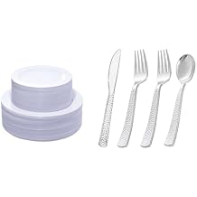 KIRE 120PCS White Plastic Plates - Heavy Duty White Disposable Plates for Party/Wedding 400PCS Silver Plastic Silverware - Disposable Silverware