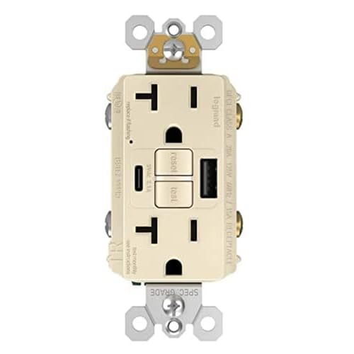 Legrand Radiant 2097TRUSBACLA 15 Amp GFCI Self Test Tamper Resistant Decorator Duplex Outlet with USB Type A and C, Light Almond 1 Count
