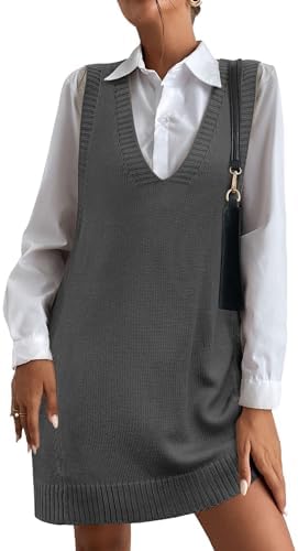 HOTOUCH Women Sweater Vest Oversized V Neck Sleeveless Knit Pullover Ribbed Vest Dress with Pockets
