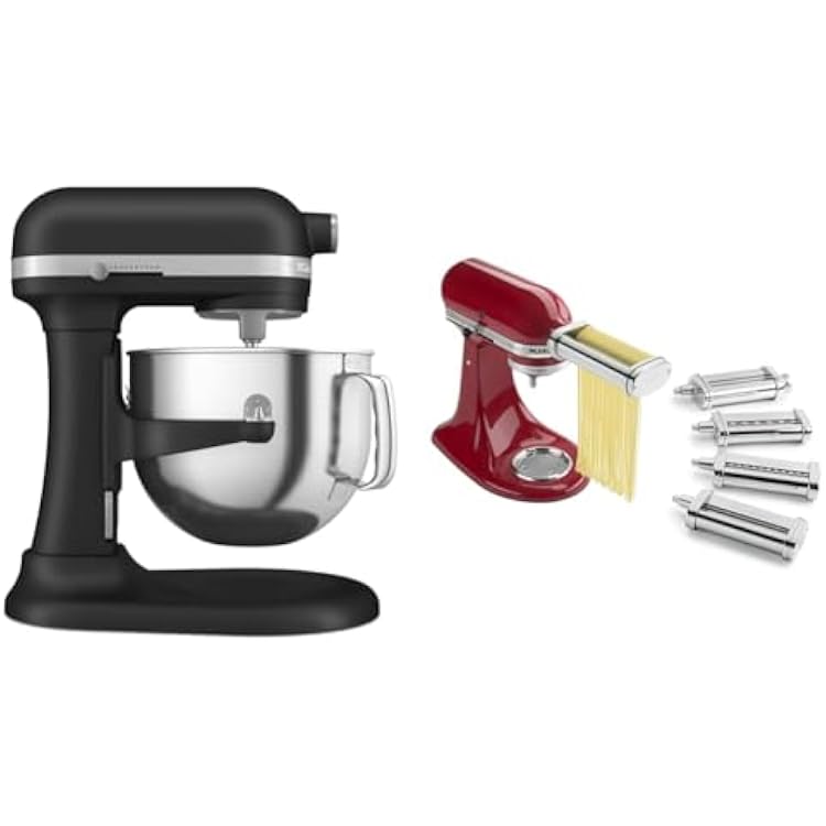 KitchenAid 7 Quart Bowl-Lift Stand Mixer, Cast Iron Black & KSMPDX Pasta Deluxe Set Stand Mixer Attachment, 5 Piece, Stainless Steel
