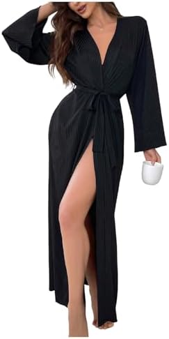 OYOANGLE Womens Long Robes Kimono Elegant Lightweight Knit V Neck Bathrobe Soft Sleepwear Casual Bath Robe