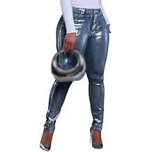 LKOUS Women's High Waist Stretchy Skinny Metallic Silver Jeans, Sexy Sparkly Slim Fit Denim Pants with Pockets