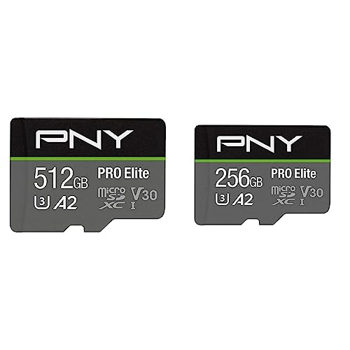 PNY 512GB PRO Elite Class 10 U3 V30 microSDXC Flash Memory Card & 256GB PRO Elite Class 10 U3 V30 microSDXC Flash Memory Card - 100MBs, Class 10, U3, V30, A2, 4K UHD, Full HD, UHS-I, Micro SD