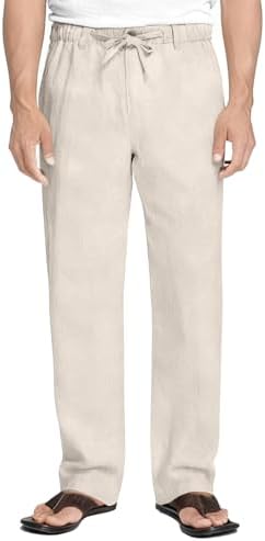 Mens Casual Pants Linen Drawstring Elastic Waist Loose Fit Men Dress Pants Summer Travel Beach Yoga Jog Trouser