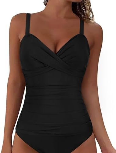 Firpearl Womens Underwire Tankini Top Only Twist V Neck Swimsuits for Big Busted Ruched Tummy Control Bathing Suit Tops