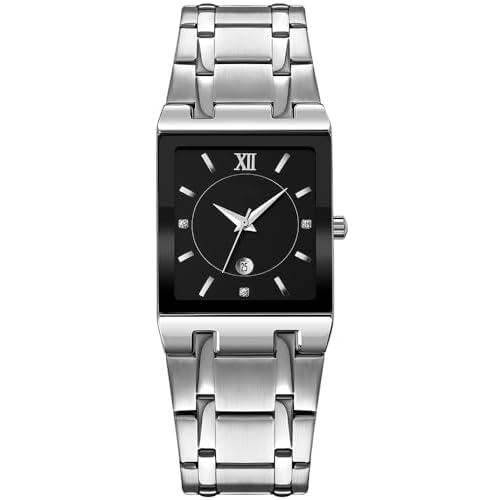 Fashion Silver Watches for Men Square Dial Date Waterproof Analog Quartz Stainless Steel Fashion Casual Mens Business Watch