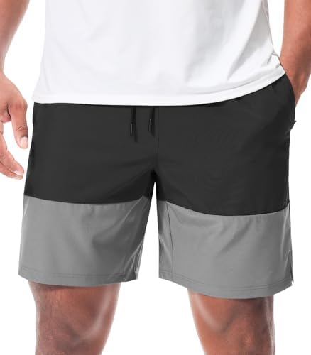Suwangi Mens Casual Workout 7 Shorts Two-Tone Quick-Dry Drawstring Summer Shorts with 3 Zipper Pockets