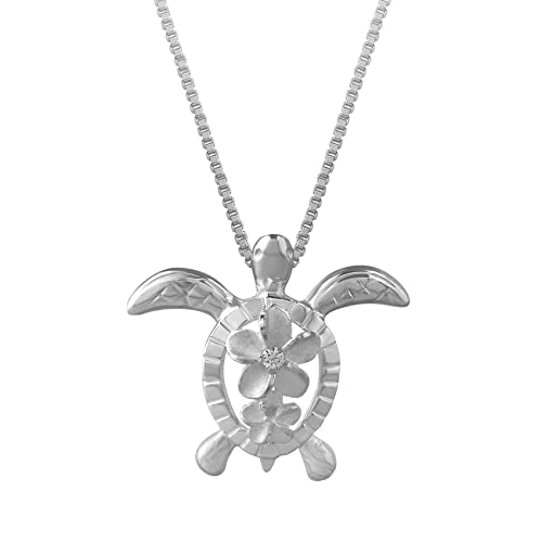 Sterling Silver Turtle Plumeria Pendant Necklace, 162 Extender
