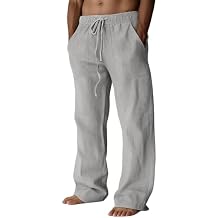 Puimentiua Cotton Linen Pants Men Casual Loose Fit Elastic Drawstring Waist Summer Beach Pants