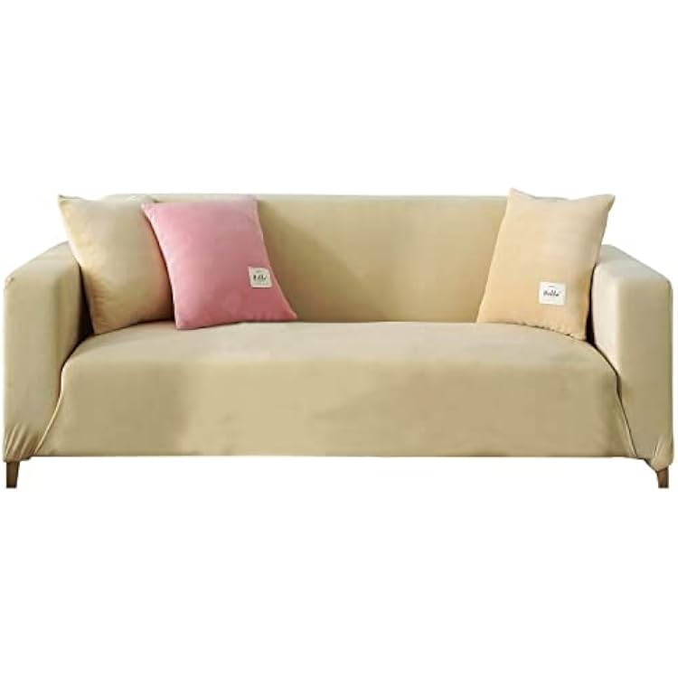 TOPCHANCES Thick Velvet Sofa Cover,Stretch Sofa Covers Slipcovers with Non Slip Elastic Straps Furniture Protector Cover, Couch Slipcover for Living Room Dogs Cat Pet Beige, 1 Seater