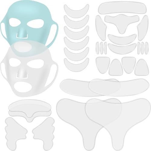Maitys 32 Pcs Reusable Silicone Face Mask & Anti-wrinkle Patch Set, Face Mask Cover Holder with Neck Chest Forehead Eye Mouth Wrinkle Patches, Smoothing Overnight for Women Blue,Clear