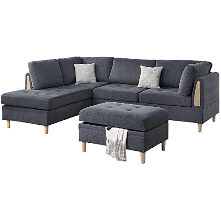 Poundex 3 Piece Sectional Sofa with Ottoman, Charcoal