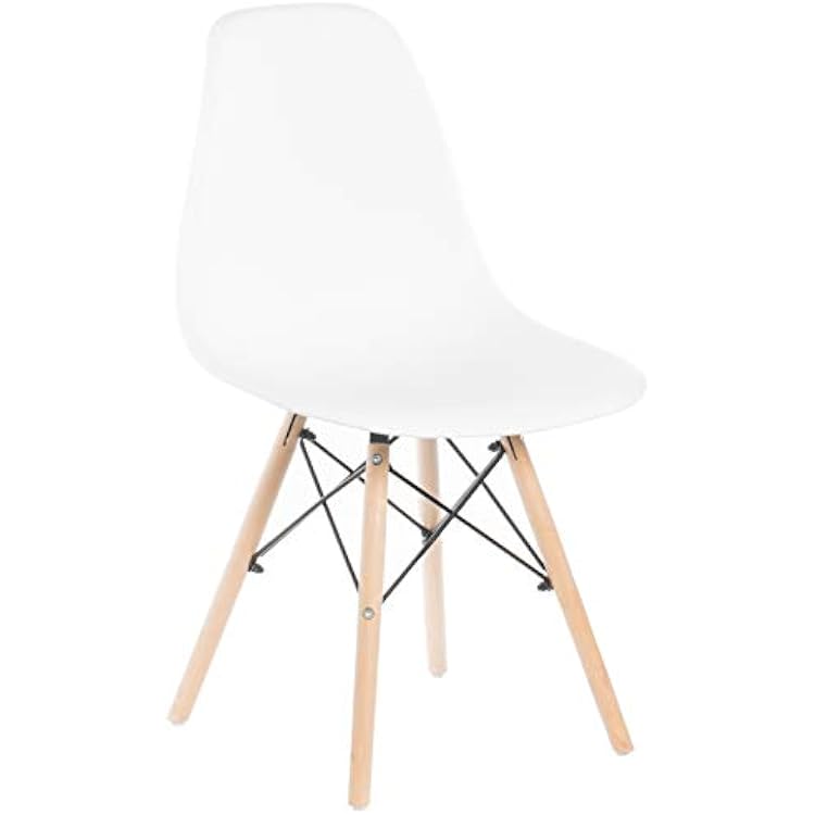 Fabulaxe Mid-Century Modern Style Plastic DSW Shell Dining Chair with Solid Beech Wooden Dowel Eiffel Legs, White