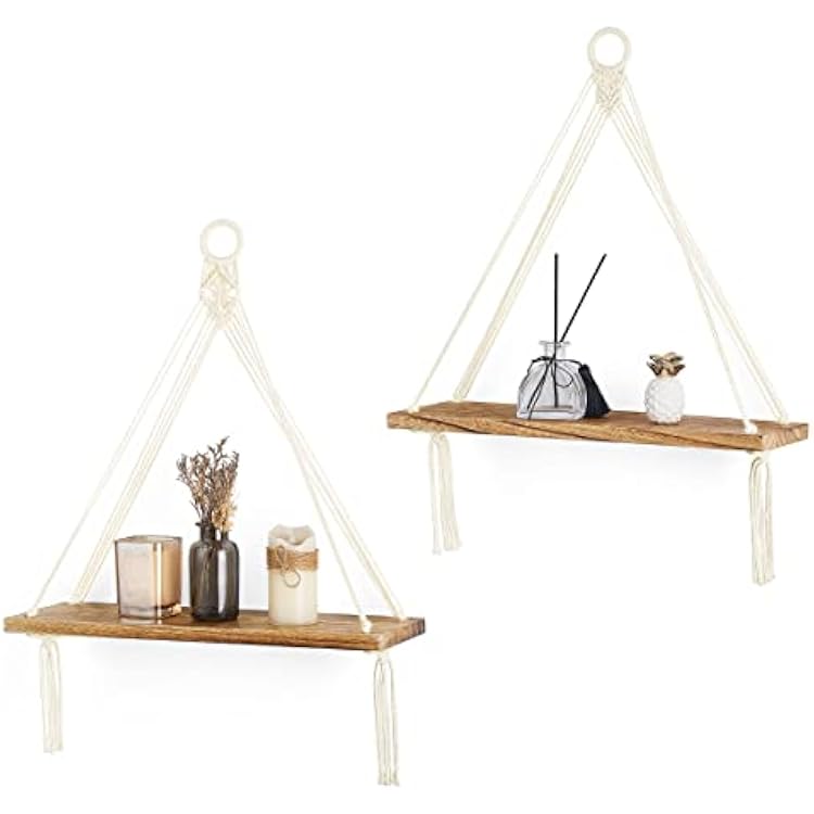 Dahey Macrame Hanging Shelf Boho Wall Decor Bedroom 2 Packs Rustic Wood Floating Shelves for Room Nursery Bathroom Living Room College Dorm Storage for Hanging Plants Photos, White