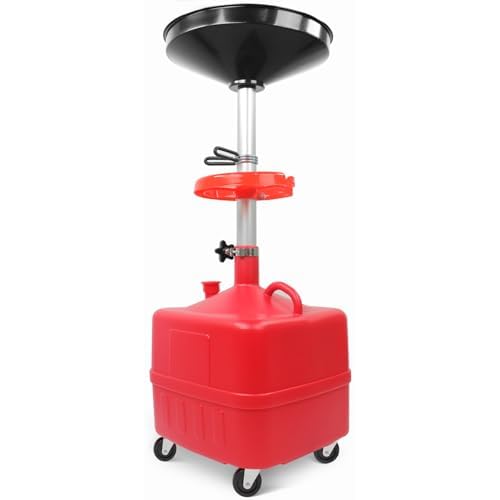 MaxWorks 50964 9-Gallon Portable Waste Oil Drain, Industrial Fluid Drain Square Tank with Wheels and Adjustable Funnel Height. Red.