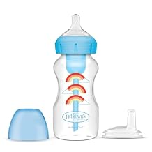 Dr. Browns Anti-Colic Options+ Wide-Neck Sippy Bottle Starter Kit, 9oz/270mL, with Level 3 Medium-Fast Flow Nipple and Soft 100% Silicone Sippy Spout, Blue, BPA Free, 6m+