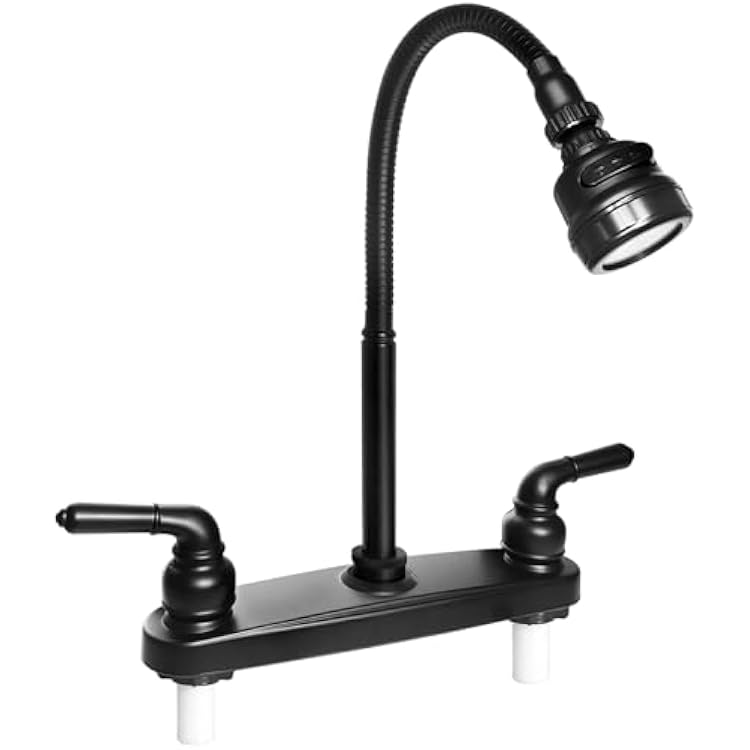RV Kitchen Faucet,Camper RV Kitchen Sink Faucet Replacement with 2 Handles Flexible Spout 360 Swivel Rotatable Tri-Function Sprayer for Motorhomes,Travel Trailers,8 inch 2 Hole,Non-Metallic,Black