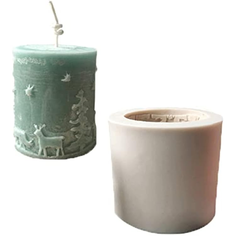 3D Cylinder Christmas Candle Molds,Silicone Soap Mold Embossed Christmas Tree & Elk Reindeer Pattern for Home Party Decoration Random Mold Color