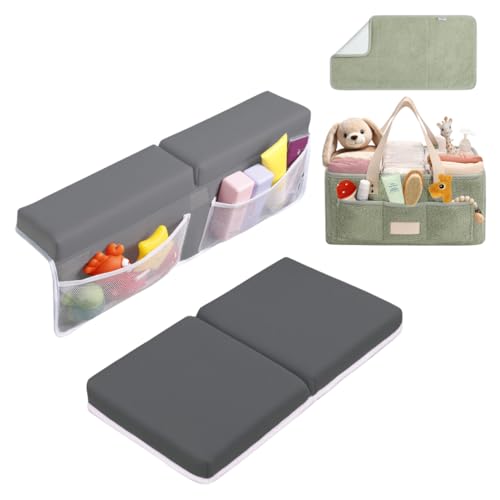 Bath Kneeler & Elbow Rest Pad Dark Grey & Teddy Diaper Caddy with Changing Pad Green Bundle