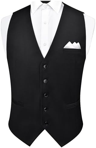 GUSLESON Mens Suit Vest and Pocket Square Set Business Formal Dress Waistcoat Vest with 3 Pockets