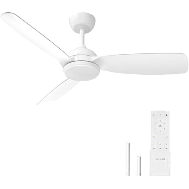 Consciot 44 inch Low Profile Ceiling Fans with Light and Remote, Modern Ceiling Fan, Downrod Mount, Reversible Quiet DC Motor, 6 Speed, 3 Color & Dimmable, White Ceiling Fan For Indoor Outdoor
