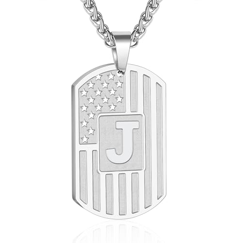 Bellino Easter Basket Stuffers - Initial A-Z Letter Necklace for Men Boys Kids Teen, Stainless Steel American Flag Dog Tag Pendent Chain Jewelry Birthday Gifts for him boyfriend husband dad 24Inches