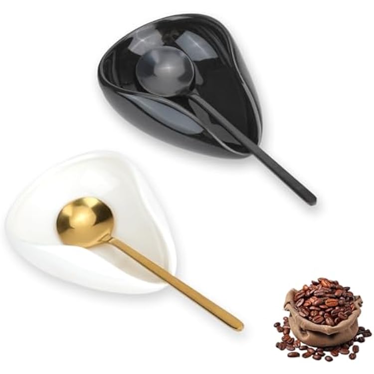 JIABEIUS 4 Pcs Coffee Spoon Rest and Spoon, Ceramic Coffee Bar Station Accessories, Small Teaspoon Holder for Kitchen Counter Decor Black and White