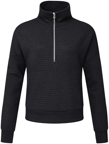 Pdbokew Womens Sweatshirts Half Zip Cropped Quarter Zipper Pullover Mockneck Waffle Tops with Pocket Black L