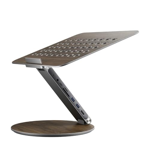 KU XIU Adjustable Laptop Stand with 7-in-1 Hub, Foldable Portable Aluminum Laptop Riser with 360 Swivel Base for Desk, Ergonomic Computer Notebook Stand Holder for All Laptops 10-17-Gray Wooden