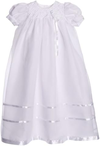 Long White Embroidered Organza Christening Baptism Gown with Bonnet