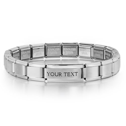 GEMOSA Custom Italian Charm Bracelet Links, 9x20mm Stainless Steel with Laser Engraved Text - Perfect for Personalized Gifts, Name, Date, or Inspirational Quotes Text Customization - Silver