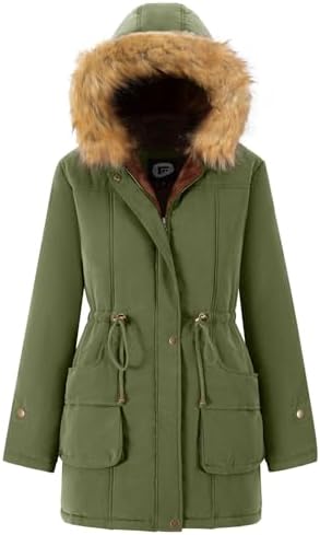 FARVALUE Womens Winter Coat Hooded Warm Fleece Lined Parka Jacket with Fur Trim Long Overcoat