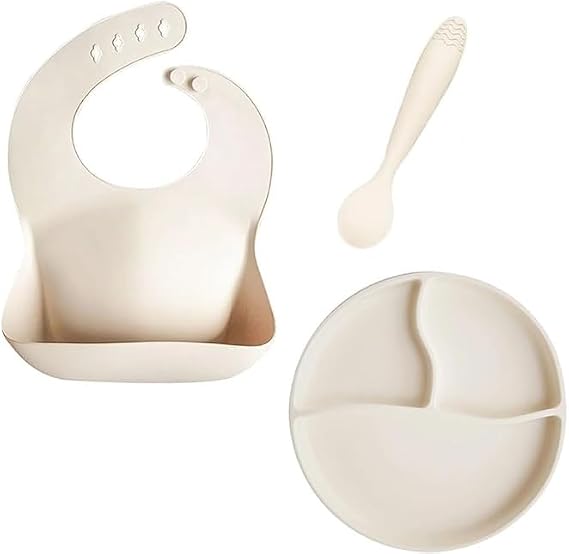 Meleni Baby 3'lü Silikon Beslenme Seti - Silikon Mama Önlüğü Diş Kaşıyıcılı Kaşık Vakum Tabanlı Tabak Krem
