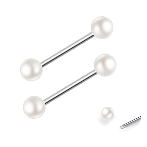 2pcs G23 Titanium 14G Nipple Tongue Shield Barbell 5mm Pearl Externally Threaded Ends Cartilage Earrings Body Piercing Jewelry Bar Length 6-14mm