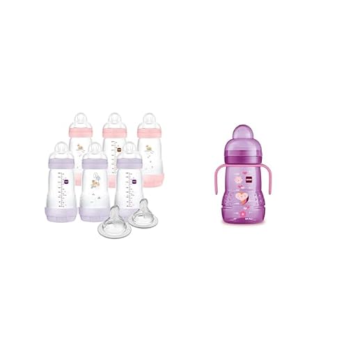 9 oz MAM Anti-Colic Bottle 6 Pack  2 Bonus Nipples & 8 oz MAM Trainer Cup with Extra-Soft Spout