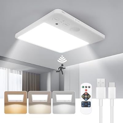 Rechargeable Ceiling Light with Remote No Wiring ,12000mAh Motion Sensor Battery Operated Ceiling Light Wireless, IP54 Waterproof Shower Light Indoor,Battery Operated Closet Lights for Pantry Bathroom