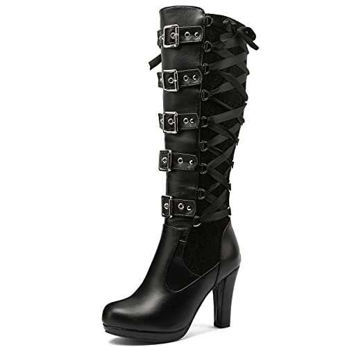 SaraIris Womens Vintage Boots Chunky High Heel Platform Knee High Boots Buckle Lace Goth Punk Knight Boots Over the Knee Boots Thigh High Boots for Women