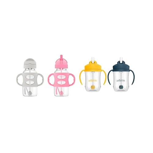Dr. Browns Milestones Wide-Neck Sippy Straw Bottle with 100% Silicone Handles and Weighted Straw & Milestones Babys First Straw Cup, Training Cup with Weighted Straw, Dark Blue & Vintage Yellow