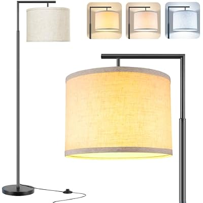 ROTTOGOON Floor Lamp for Living Room with 3-Color Temperature 9W LED Bulb, Modern Standing Lamp with Linen Beige Shade & Foot Switch, Tall Pole Lamp for Bedroom, Study Room, Office, Kids Room Black